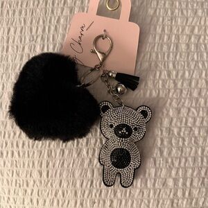 Black and Silver Bear Keychain with Heart Charm